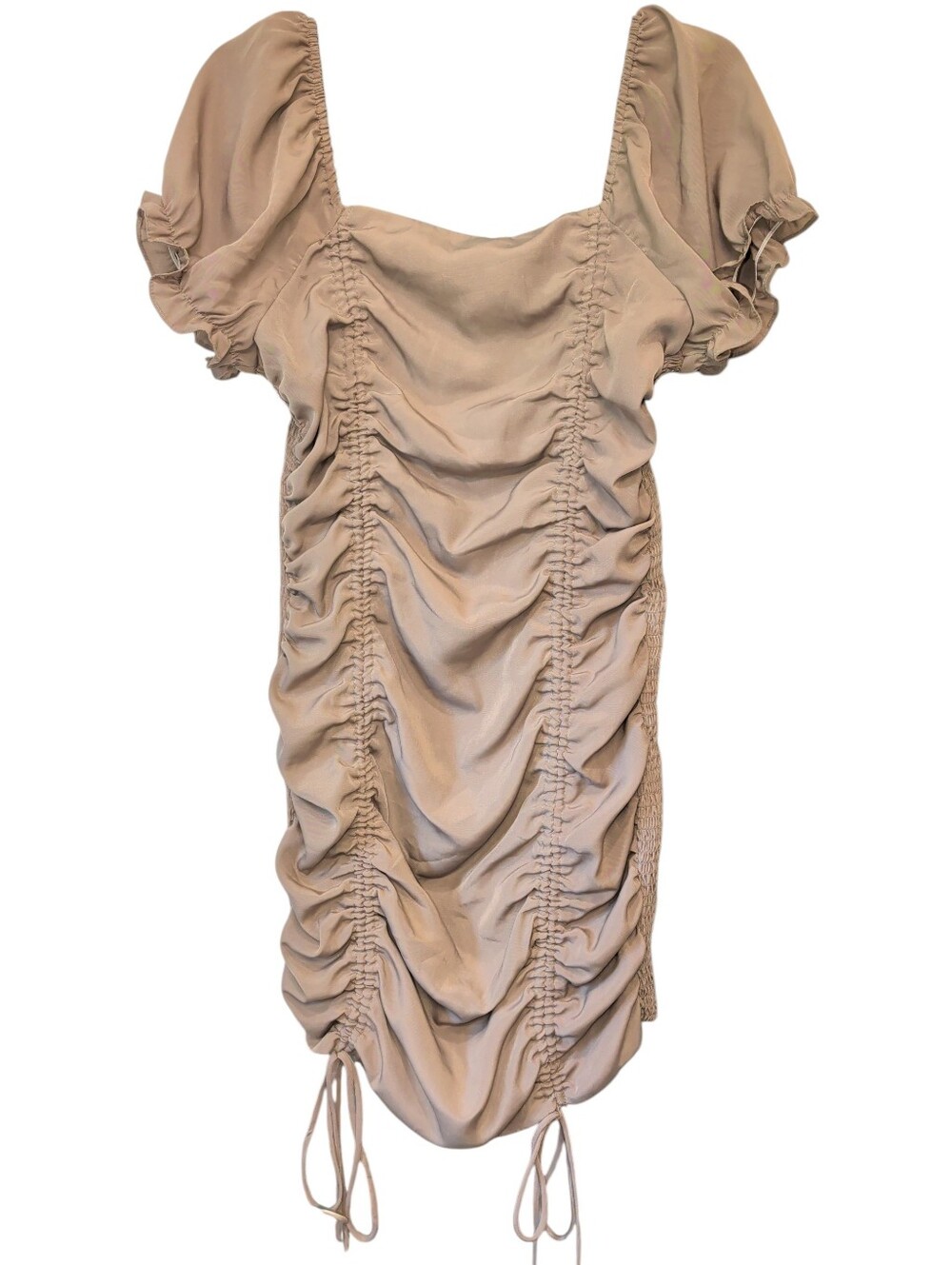 Ruched Square-Neck Mini Dress in Taupe Size Large